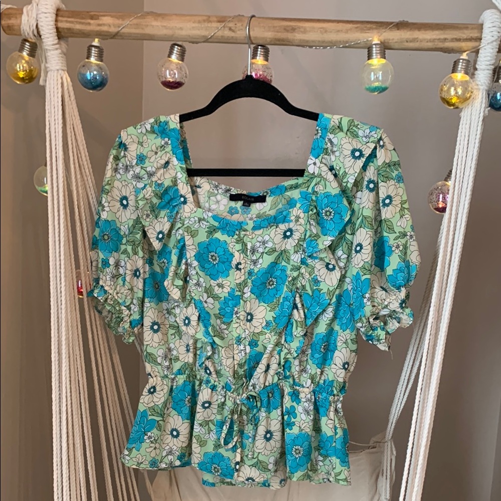 2/$15 Floral Blue and Green Women's Large Ruffle Top